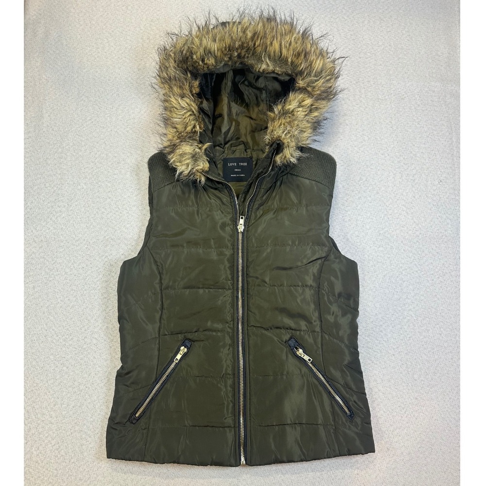 Love Tree Puffer Vest Womens Small Olive Green Faux Fur Hood Knit Back Quilted